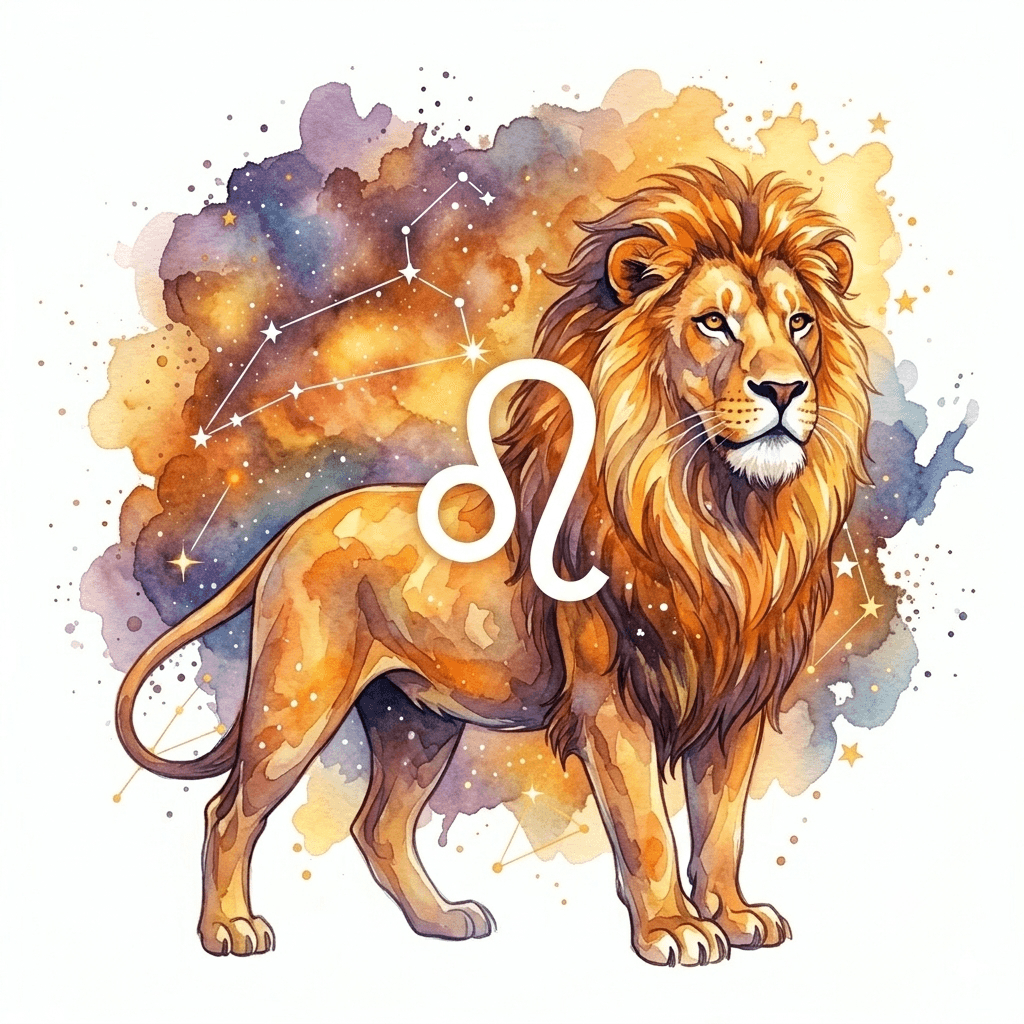 Watercolor lion with the Leo zodiac glyph overlay against a starry constellation backdrop.